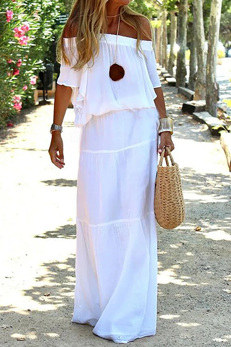 Casual Daily Solid Off the Shoulder Beach Dress Short Sleeve Dress(3 Colors) - Kaedas