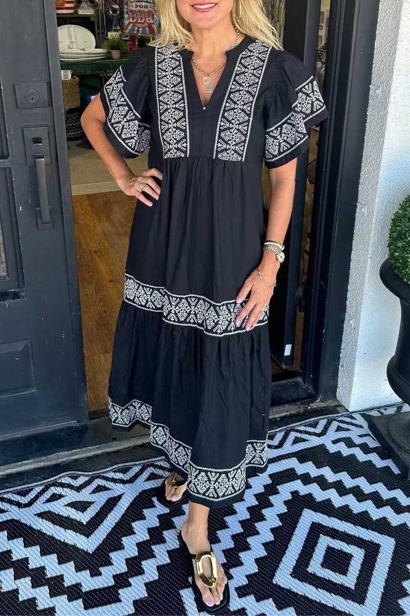 Casual Geometric Print Patchwork V Neck A Line Short Sleeve Dress(7 Colors) - Kaedas