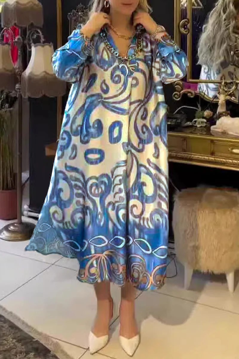 Casual Geometric Print Patchwork Turndown Collar Printed Dresses - Kaedas