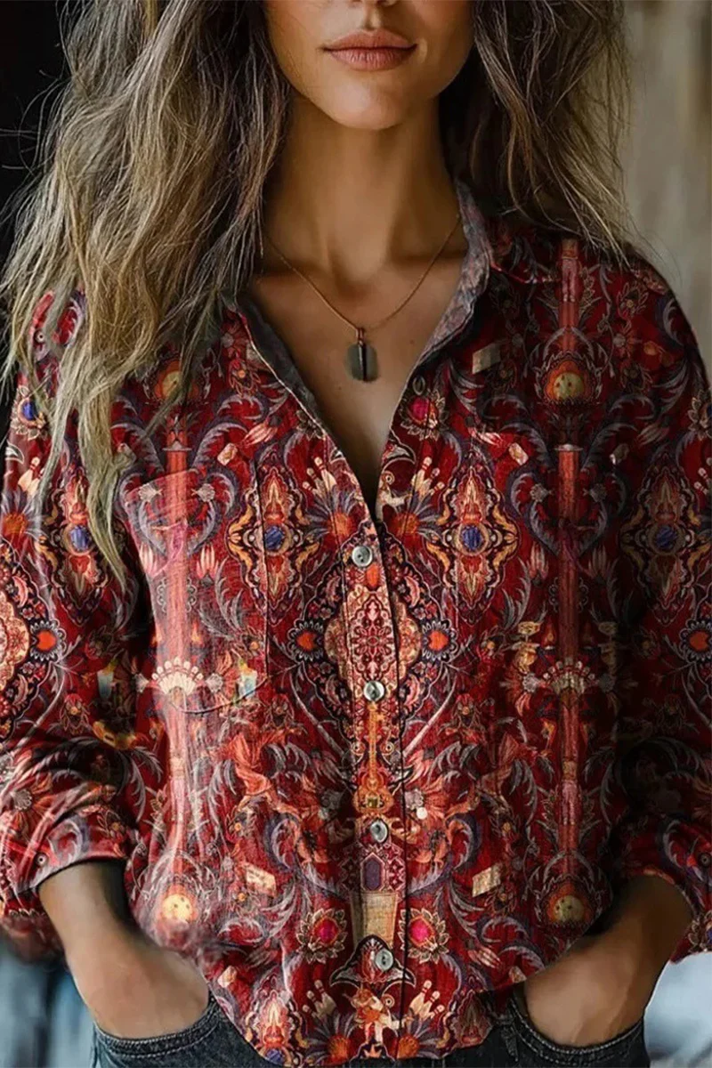 Casual Floral Print Contrast Turndown Collar Blouses(6 Colors) - Kaedas