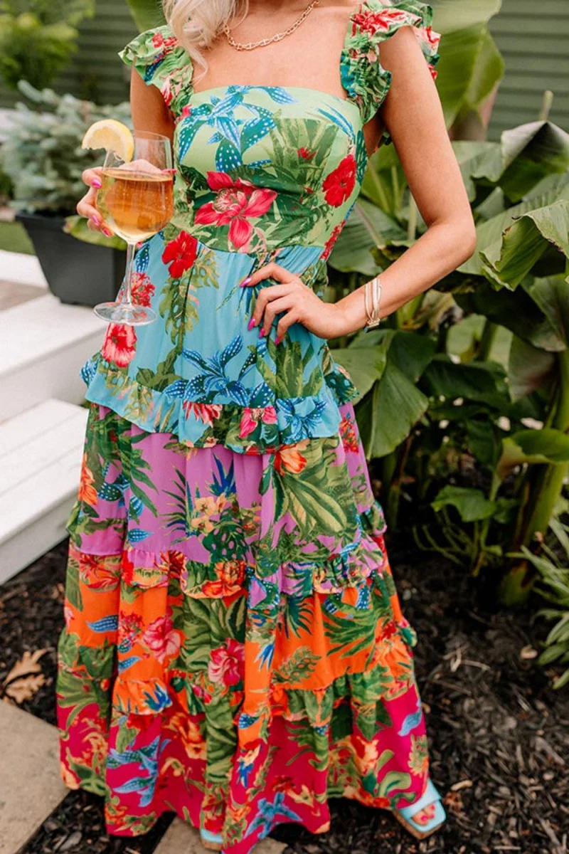 Casual Floral Print Patchwork Backless Square Neck Long Dresses - Kaedas