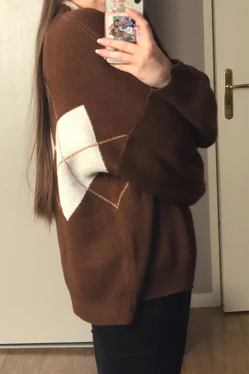 Casual Geometric Patchwork Contrast O Neck Tops Sweater(3 Colors) - Kaedas