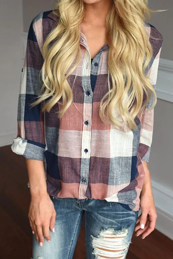 Casual Plaid Pocket Buckle Turndown Collar Tops - Kaedas