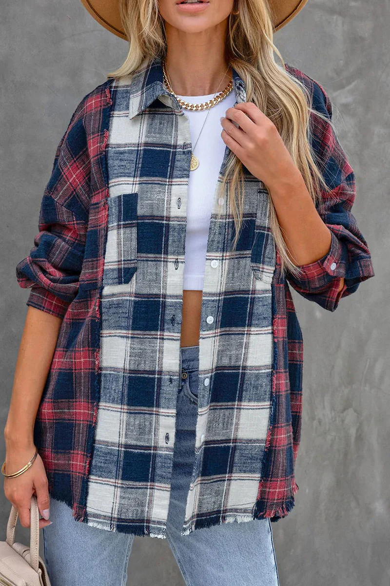 Casual Plaid Patchwork Turndown Collar Tops - Kaedas