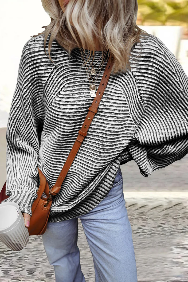 Casual Daily Stripe Texture Contrast O Neck Sweaters(6 Colors) - Kaedas