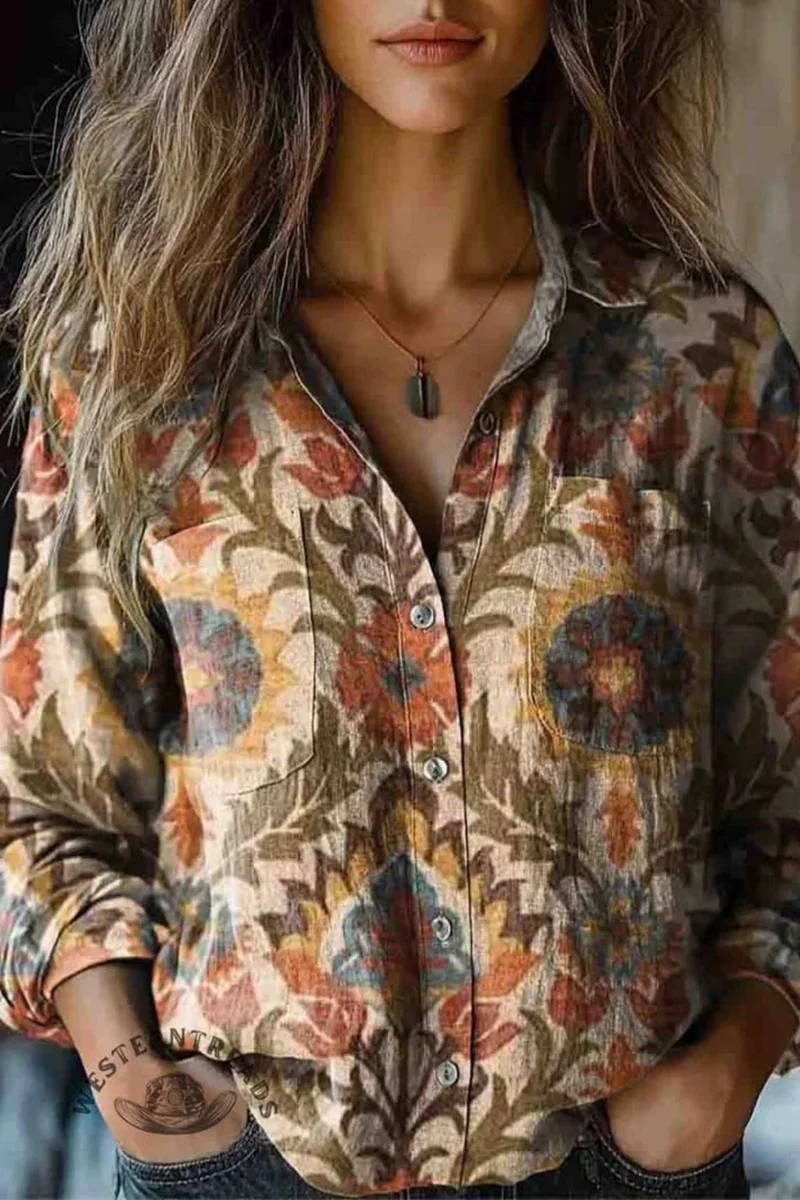 Casual Floral Print Contrast Turndown Collar Blouses(6 Colors) - Kaedas