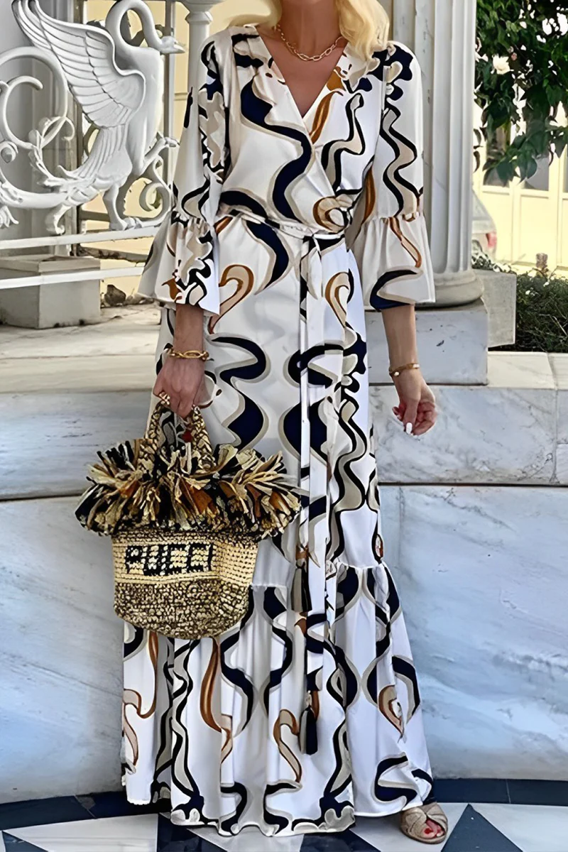 Casual Daily Geometric Print Lace Up Contrast U Neck One-piece Suits Dresses - Kaedas