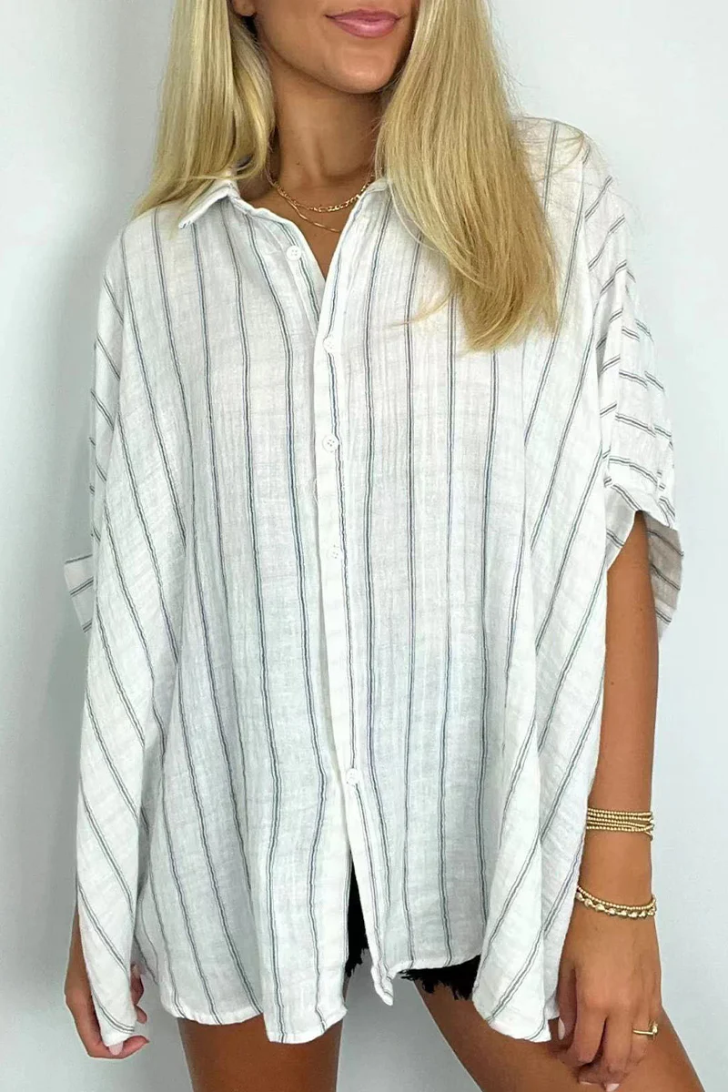 Casual Daily Stripe Buttons Turndown Collar Blouses(8 Colors) - Kaedas