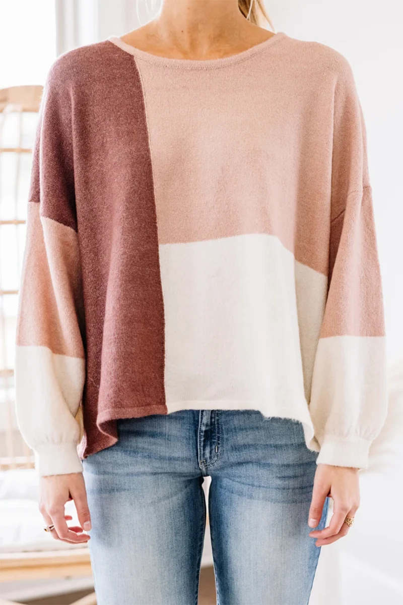 Casual Patchwork  Contrast O Neck Tops Sweater - Kaedas