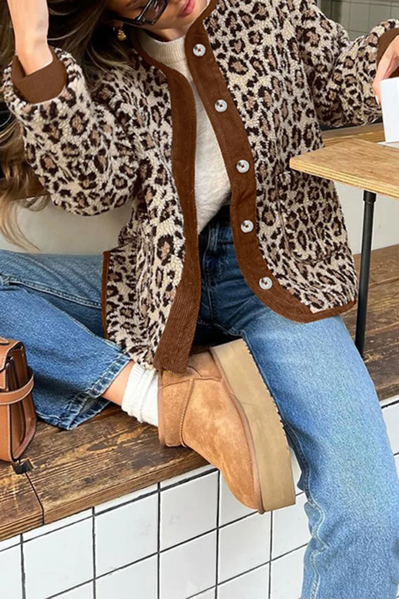 Casual Leopard Pocket Buttons Patchwork O Neck Outerwear - Kaedas