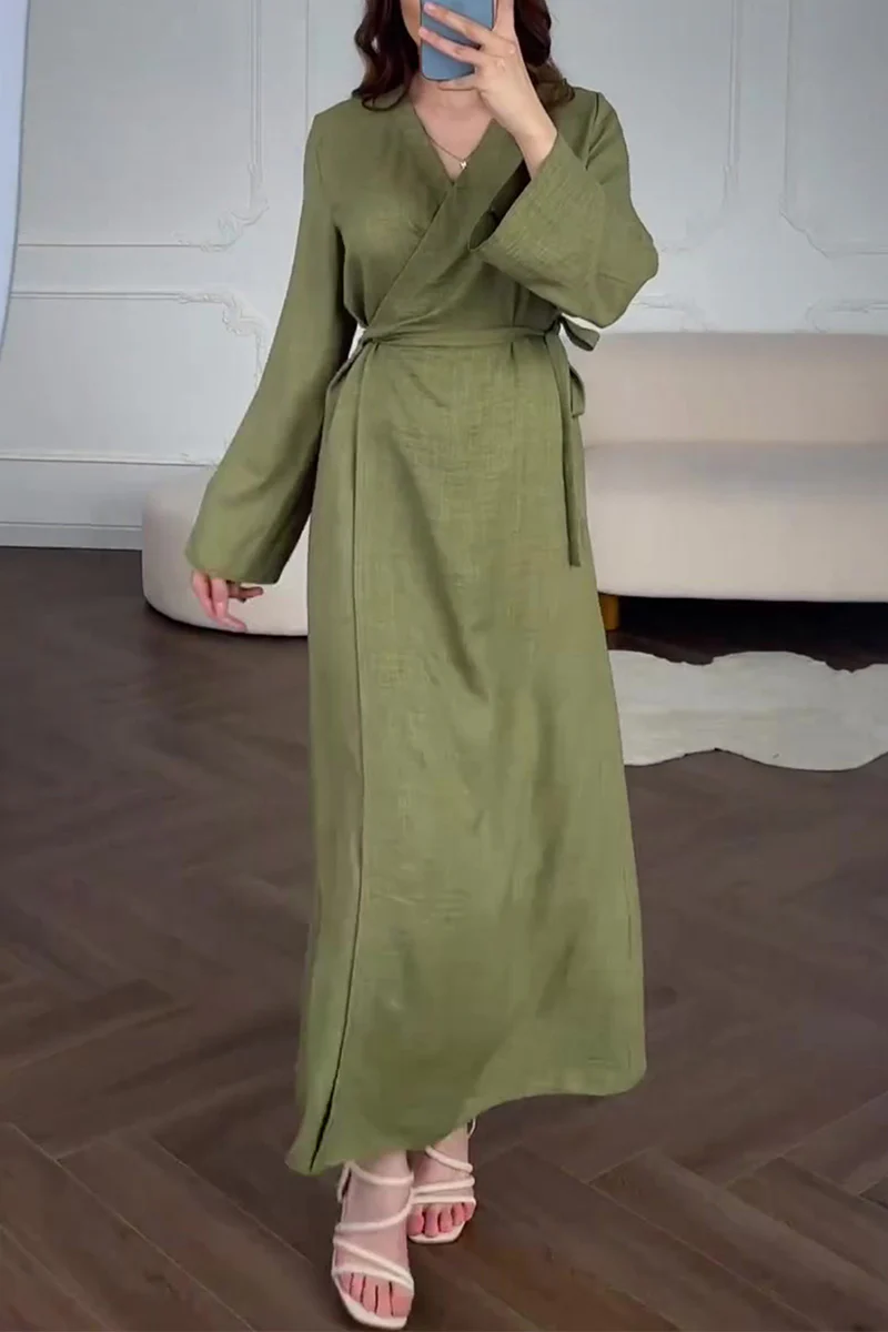 Casual Daily Solid Color Lace Up V Neck A Line Dresses - Kaedas