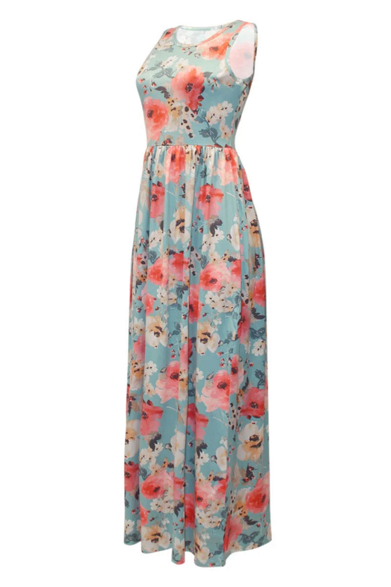 Casual Floral Print Basic O Neck Long Dresses - Kaedas