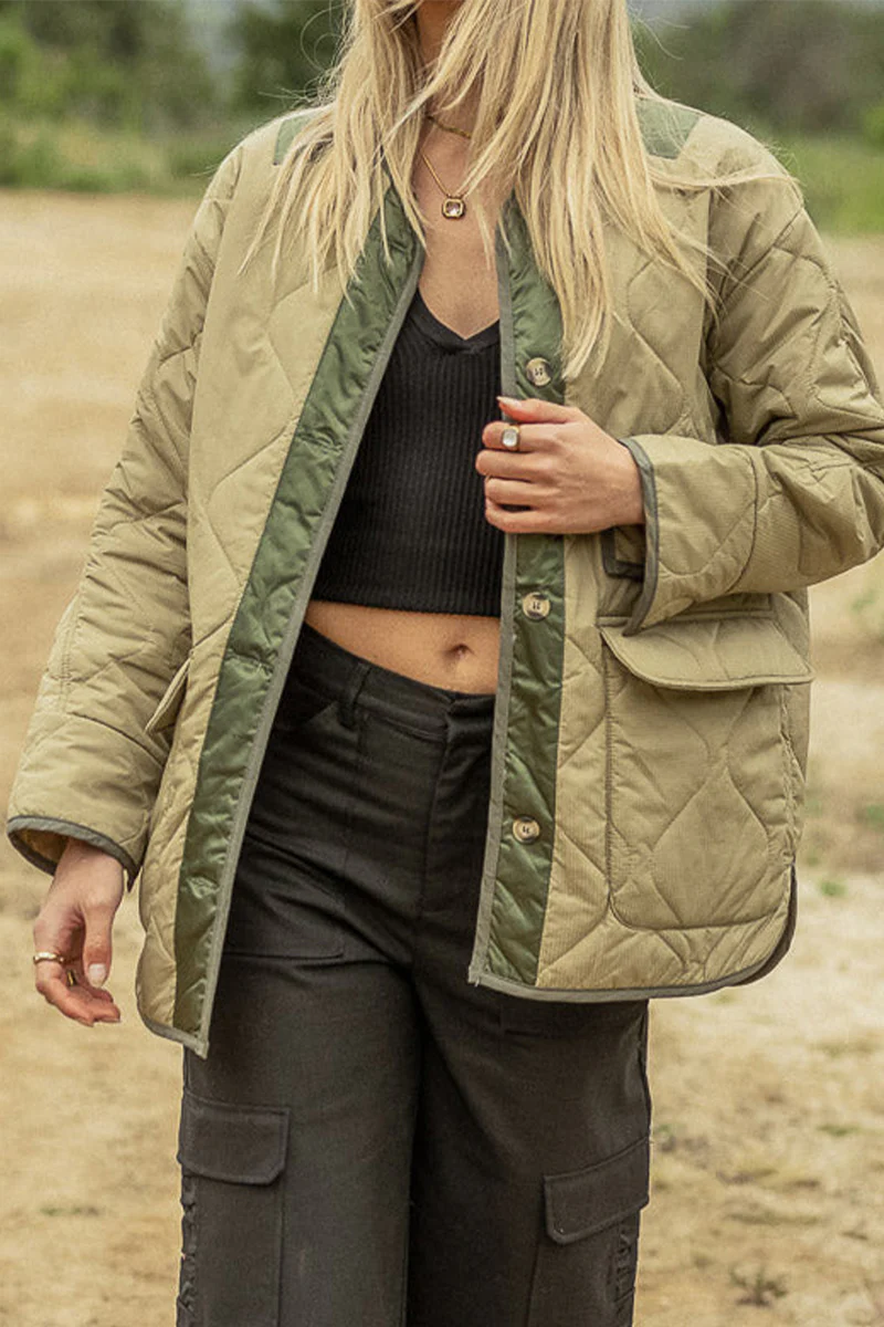 Casual Color Block Buckle Contrast O Neck Outerwear - Kaedas