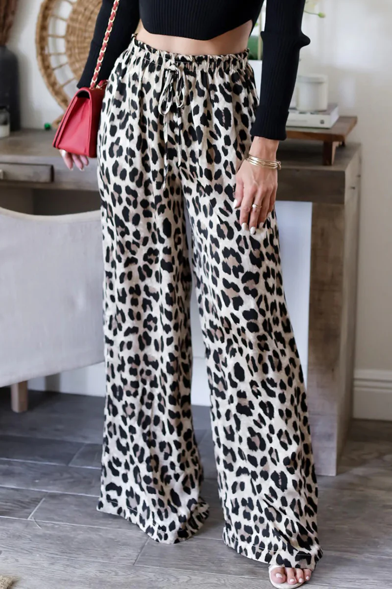 Casual Leopard Pocket Lace Up Loose High Waist Wide Leg Full Print Bottoms - Kaedas