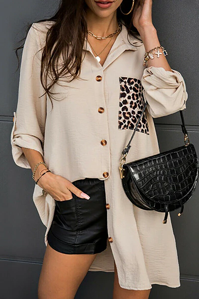 Casual Leopard Split Joint Buckle Turndown Collar Tops - Kaedas