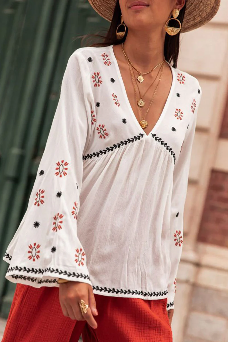 Casual Geometric Print Patchwork V Neck Tops - Kaedas