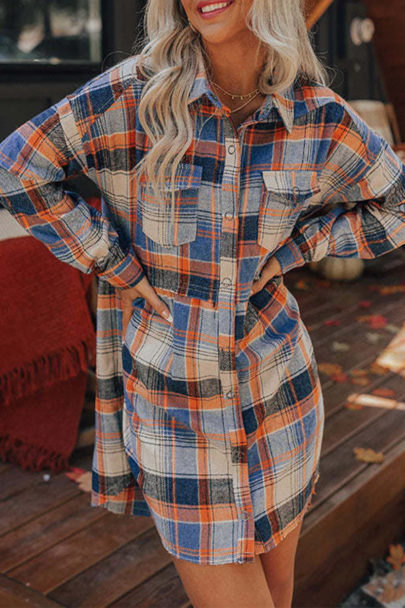 Casual Plaid Turndown Collar Dresses - Kaedas