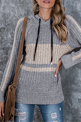 Casual Patchwork Draw String  Contrast Hooded Collar Tops - Kaedas