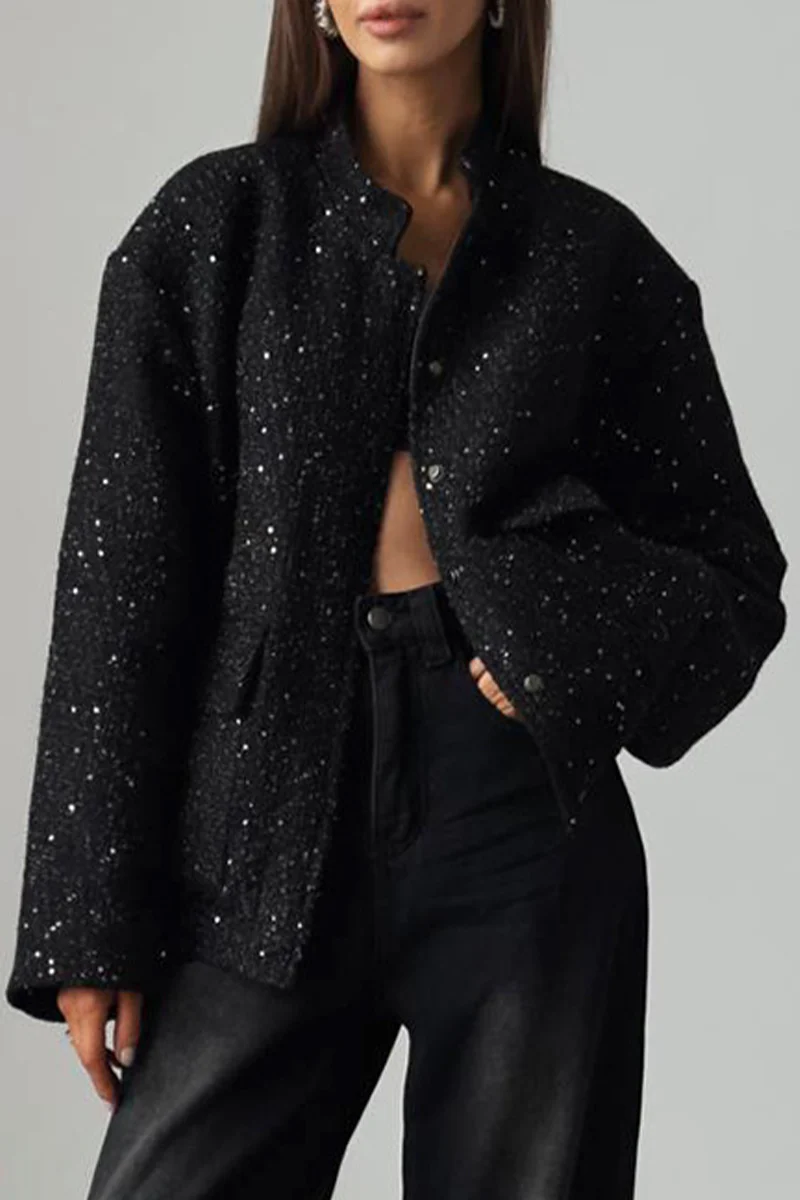 Casual Daily Solid Color Sequins Patchwork Mandarin Collar Outerwear - Kaedas