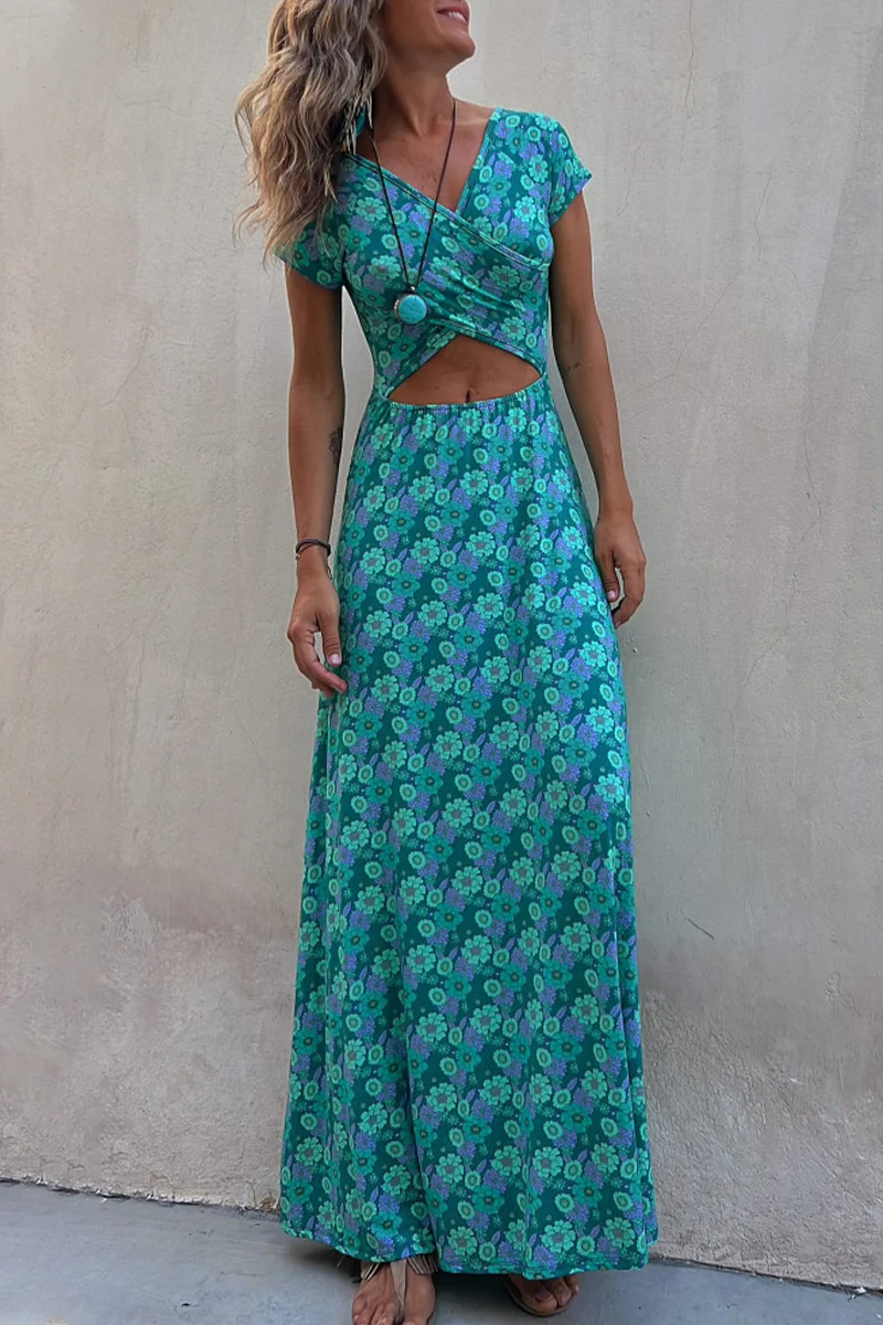 Casual Elegant Print Patchwork V Neck A Line Short Sleeve Dress - Kaedas