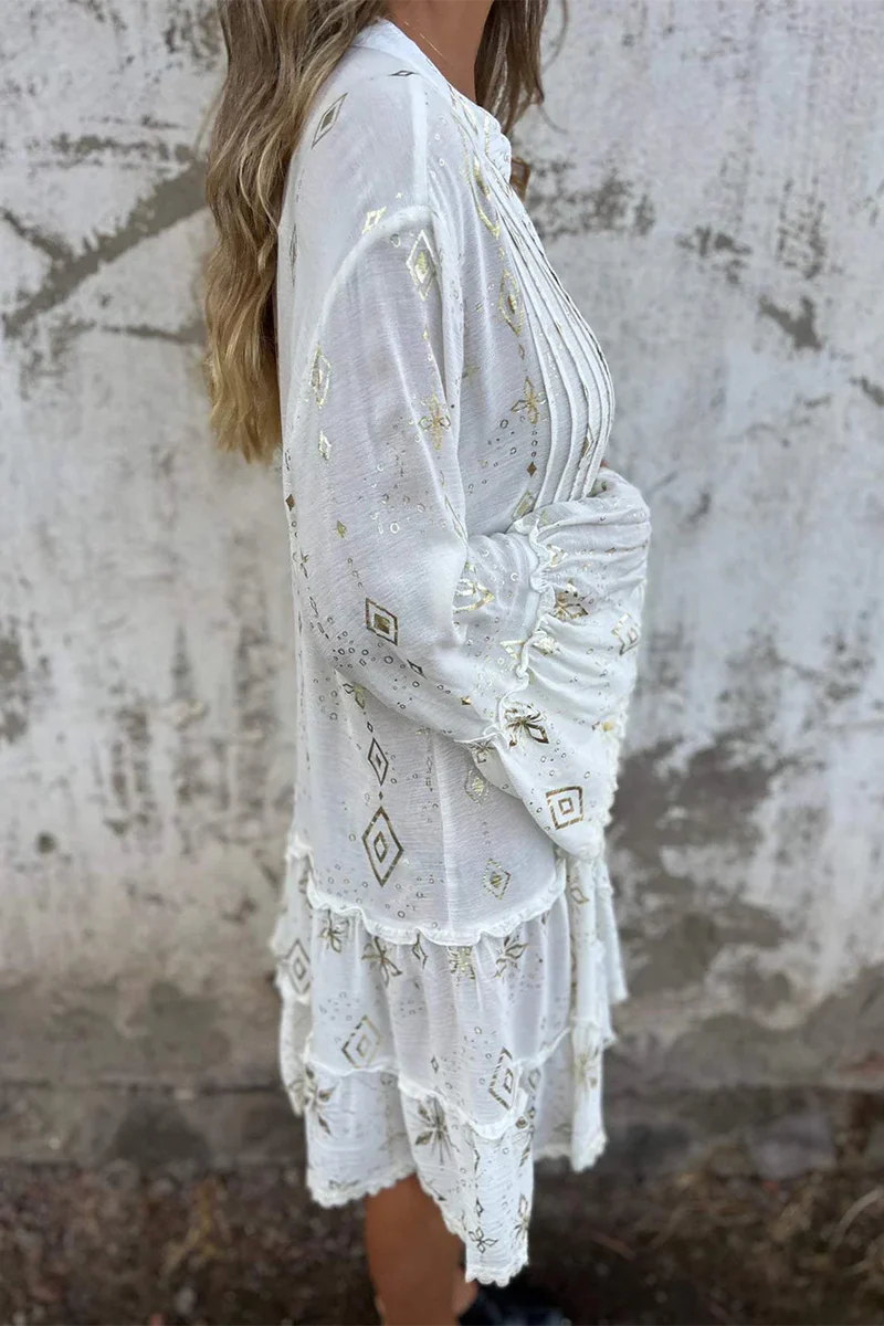 Casual Bronzing Pattern Patchwork Ruffle Contrast Button Collar A Line Dresses - Kaedas