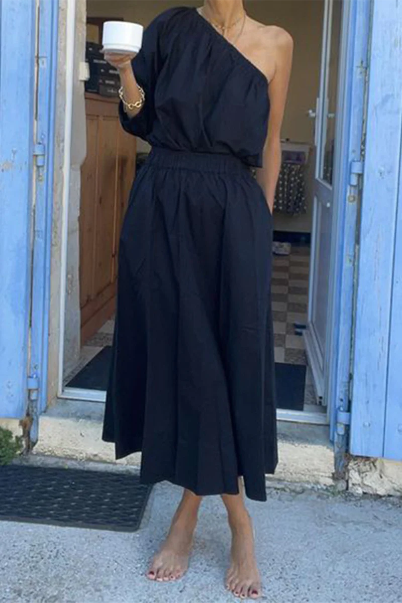 Casual Elegant Solid Color Pocket Irregular Oblique Collar Half Sleeve Two Pieces - Kaedas