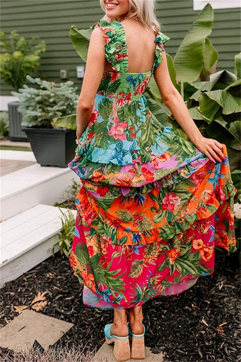 Casual Floral Print Patchwork Backless Square Neck Long Dresses - Kaedas