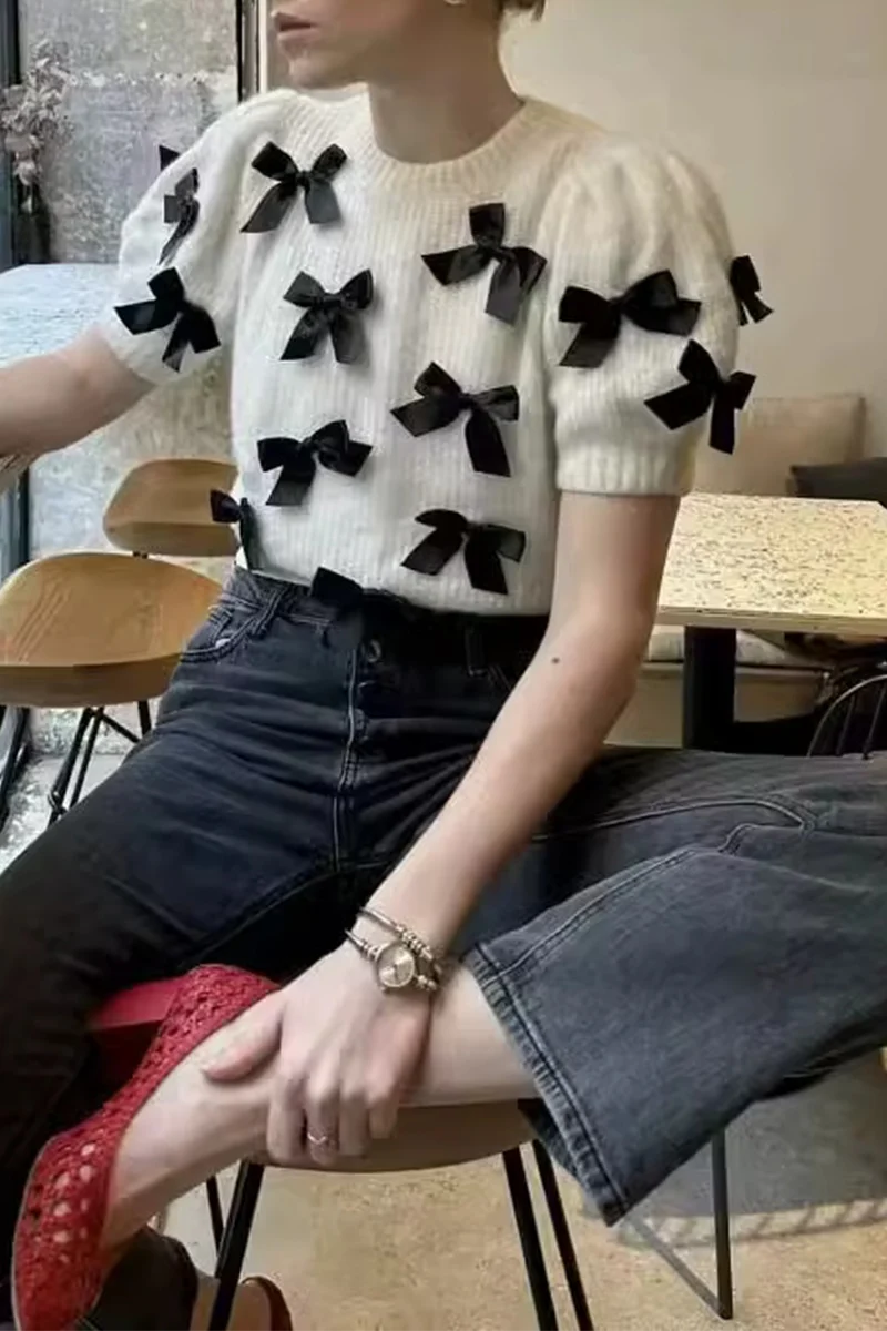 Casual Bow Patchwork Contrast O Neck Sweaters - Kaedas