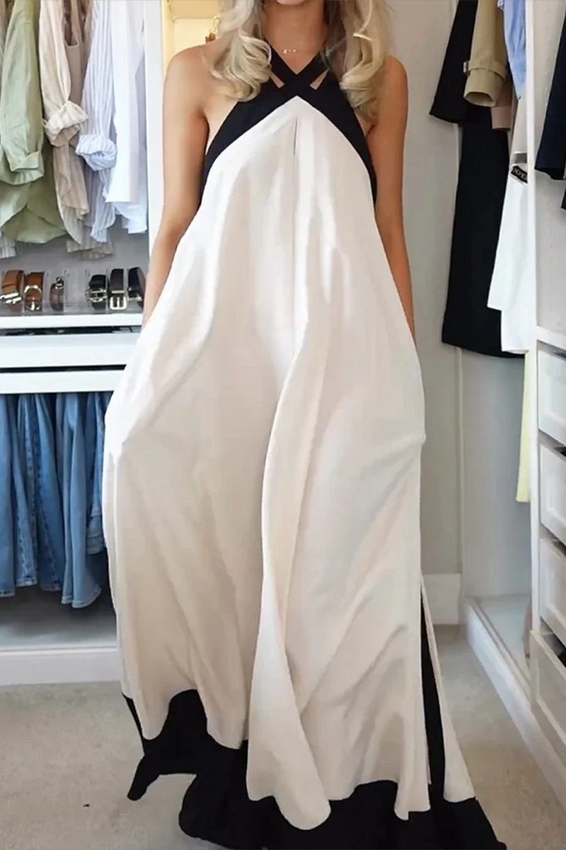 Casual Patchwork Contrast Halter Long Dresses - Kaedas