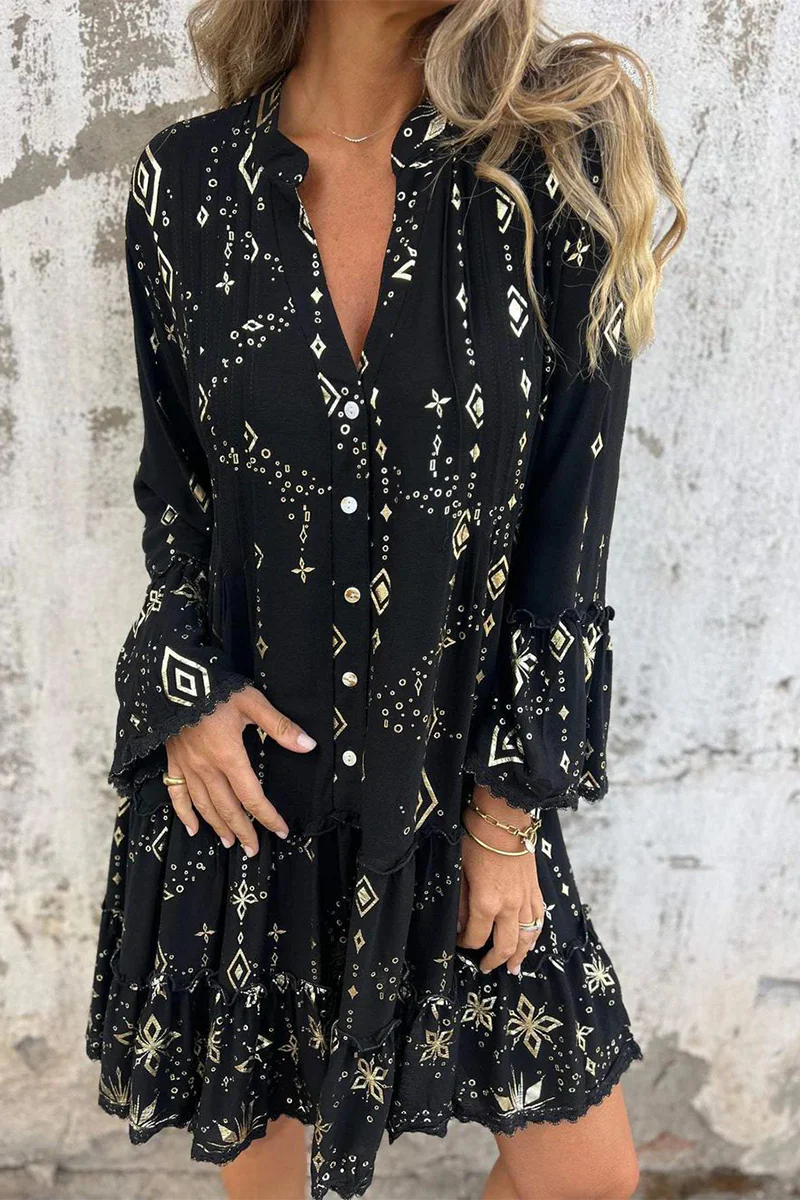 Casual Bronzing Pattern Patchwork Ruffle Contrast Button Collar A Line Dresses - Kaedas