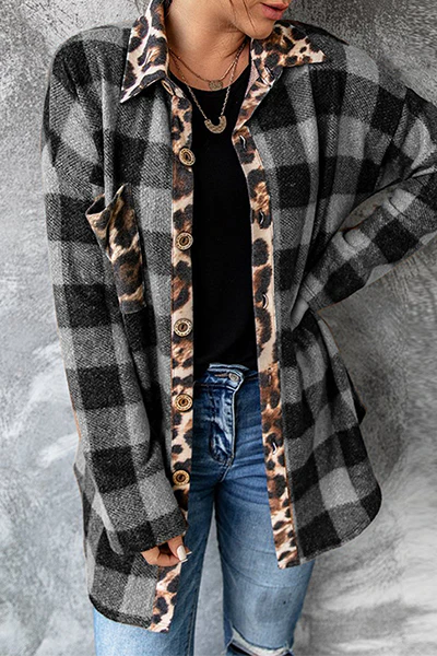 Casual Plaid Leopard Buckle Turndown Collar Tops - Kaedas