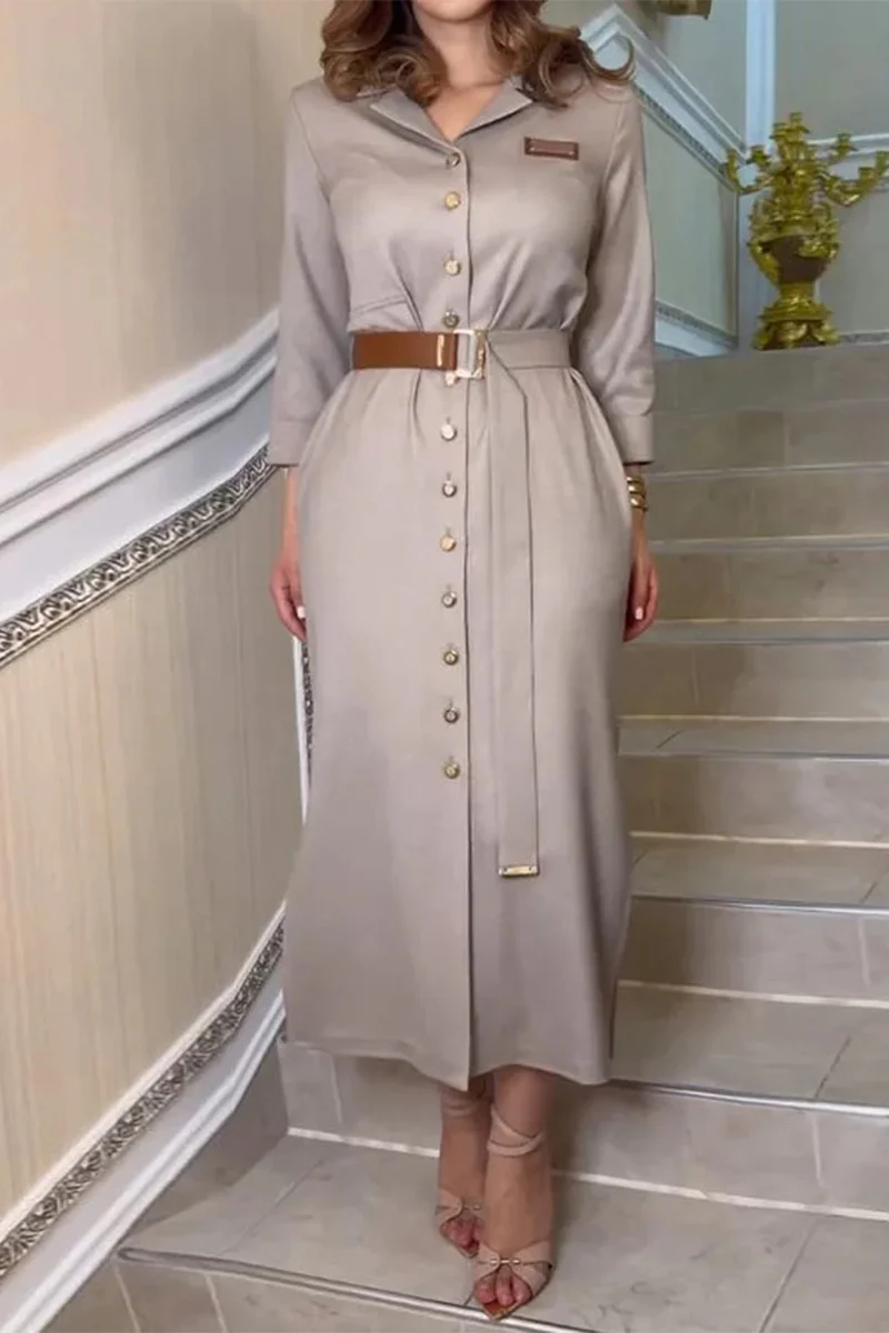 Casual Pocket Buckle With Belt Turndown Collar Shirt Dresses - Kaedas