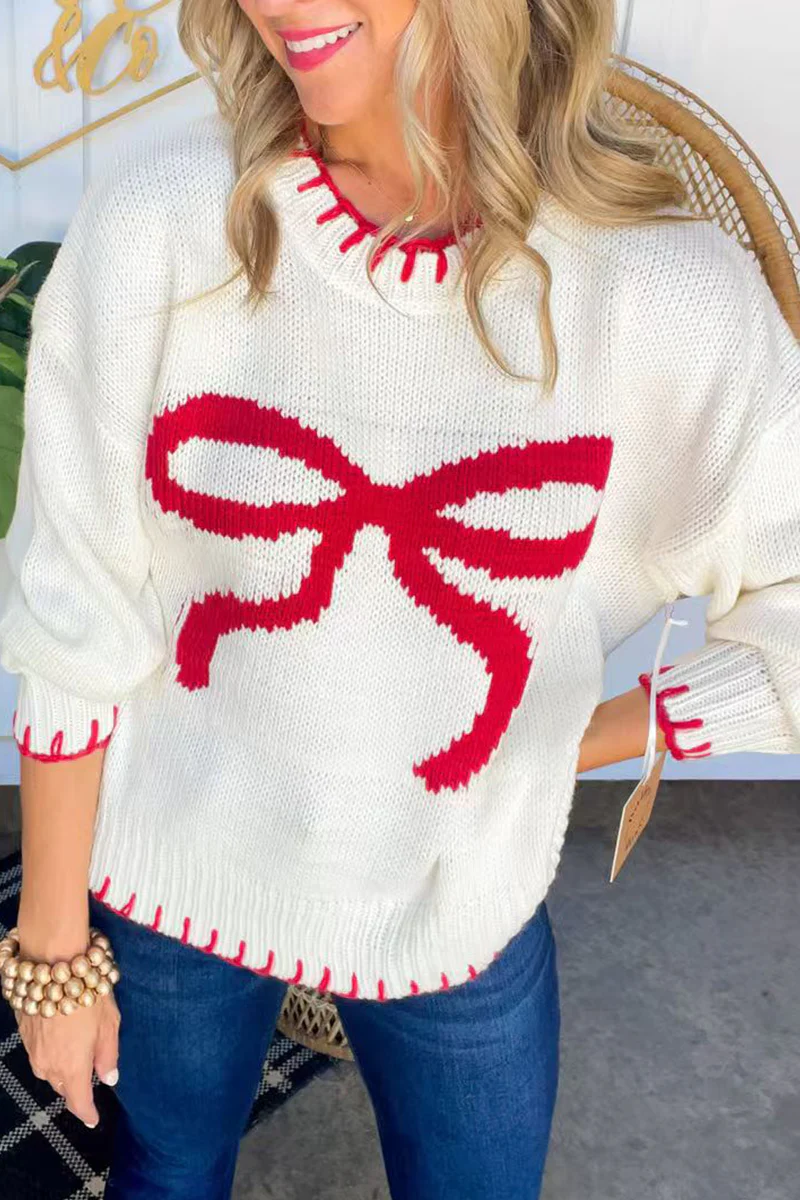 Casual Bow Weave Contrast O Neck Sweaters - Kaedas