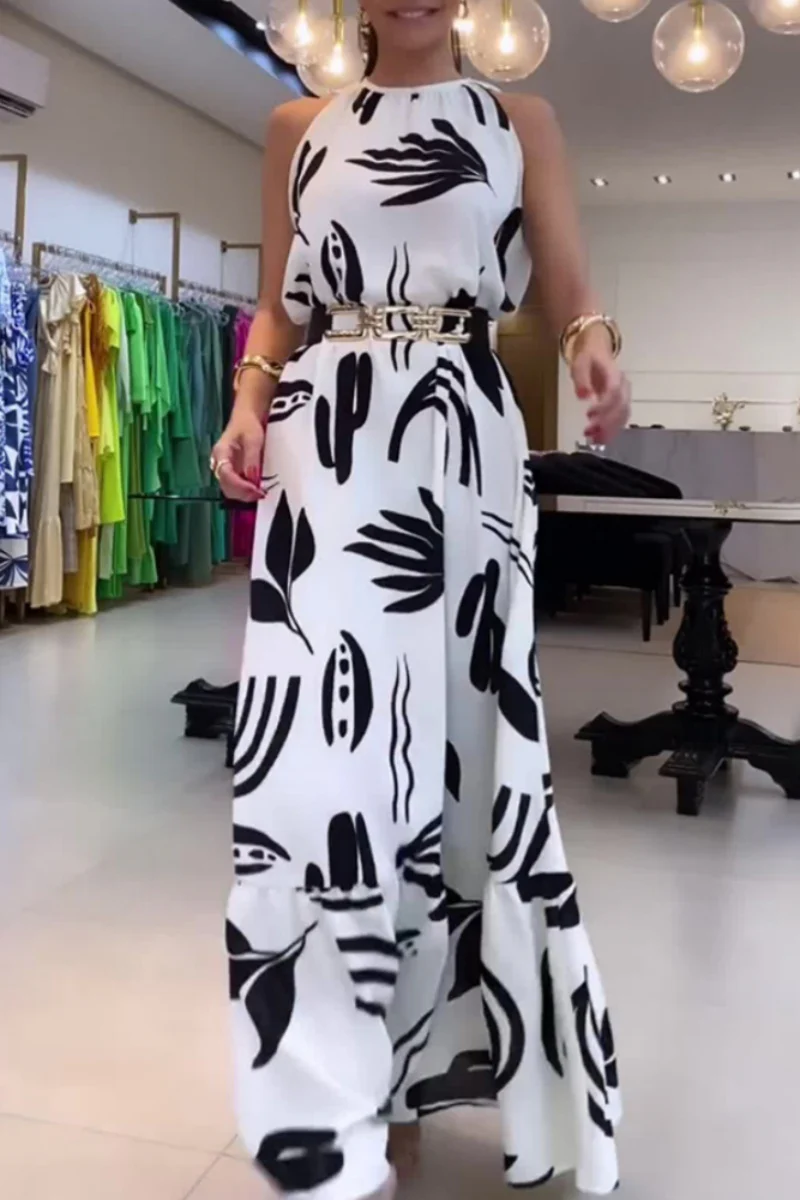 Casual Floral Print Lace Up With Belt O Neck Long Dresses - Kaedas