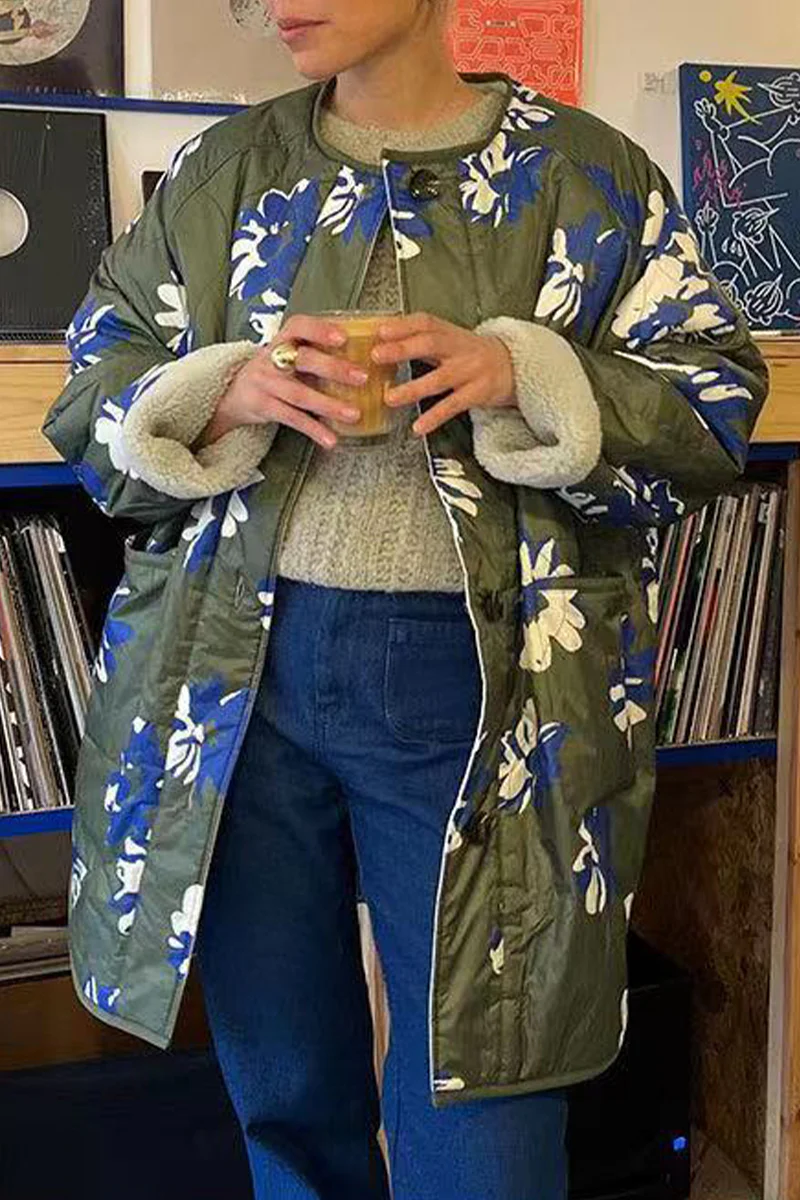 Casual Floral Contrast O Neck Outerwear - Kaedas