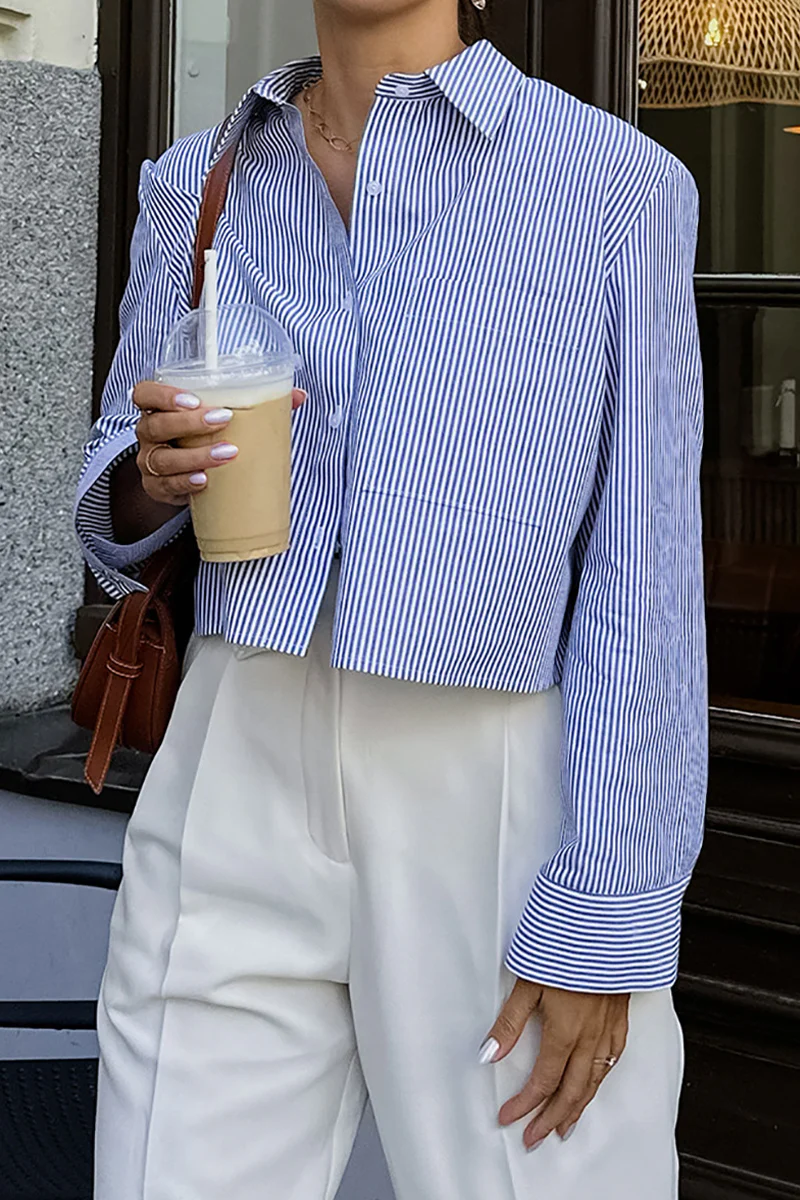 British Style Elegant Striped Patchwork Turndown Collar Tops - Kaedas