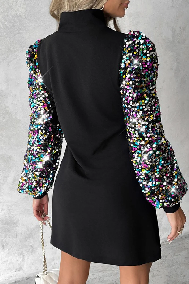 Casual Patchwork Hollowed Out Sequins Half A Turtleneck Long Sleeve Dresses - Kaedas