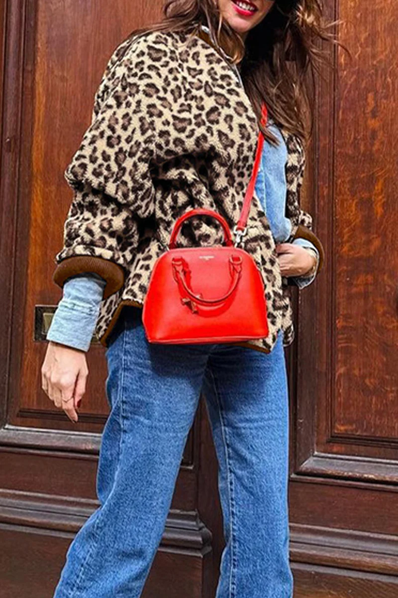 Casual Leopard Pocket Buttons Patchwork O Neck Outerwear - Kaedas