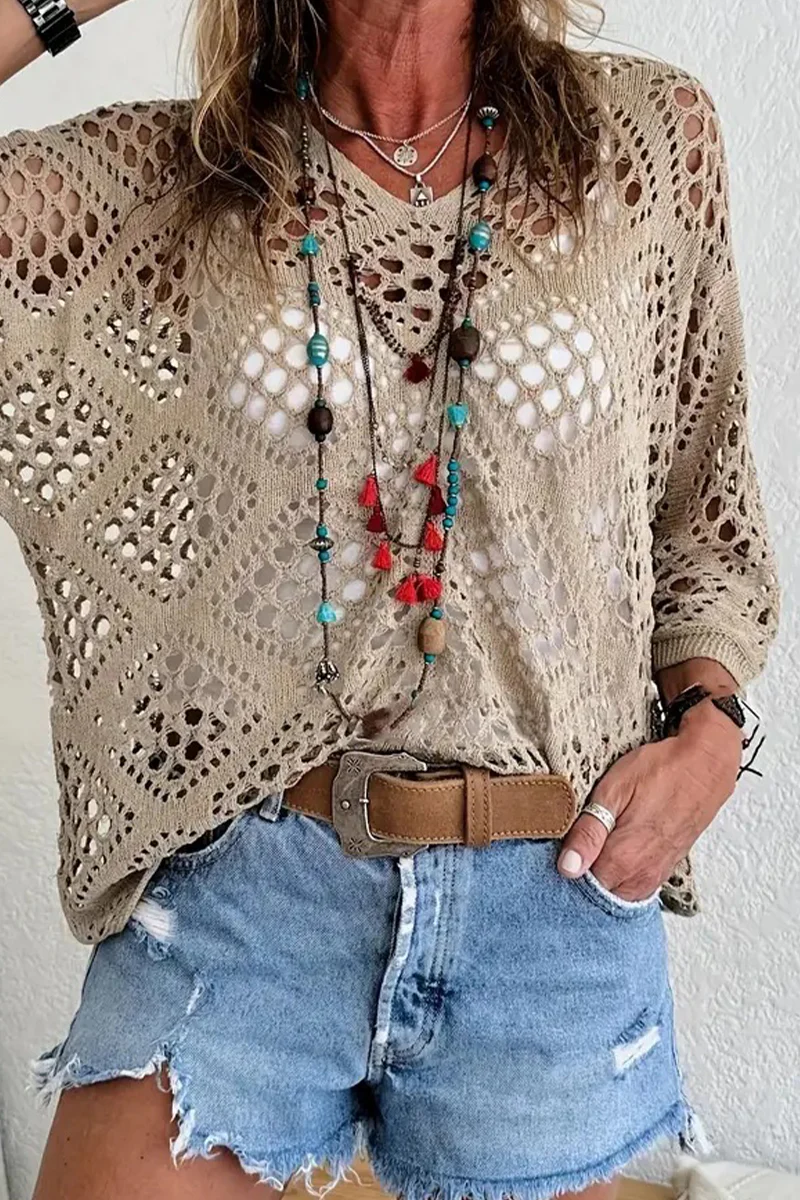 Casual Daily Solid Color Hollow Out V Neck Sweaters(5 Colors) - Kaedas