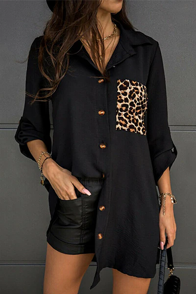 Casual Leopard Split Joint Buckle Turndown Collar Tops - Kaedas