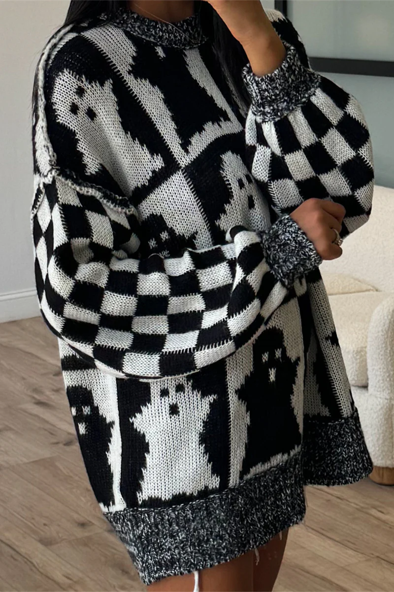 Casual Plaid Weave Contrast O Neck Sweaters - Kaedas