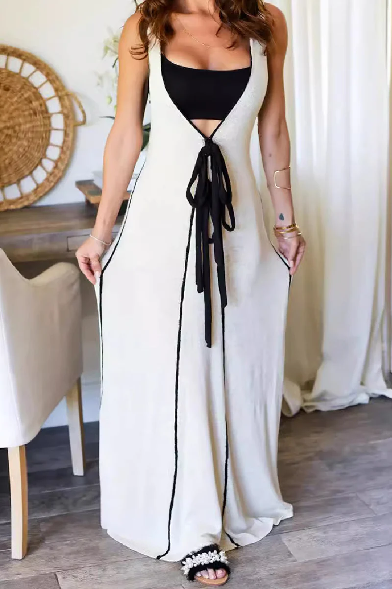 Casual Patchwork Belted V Neck Long Dresses - Kaedas