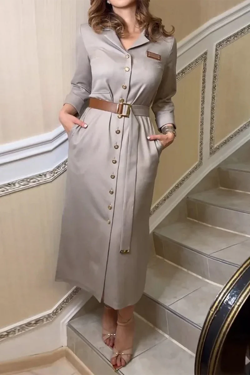 Casual Pocket Buckle With Belt Turndown Collar Shirt Dresses - Kaedas