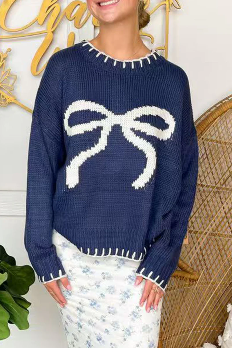 Casual Bow Weave Contrast O Neck Sweaters - Kaedas