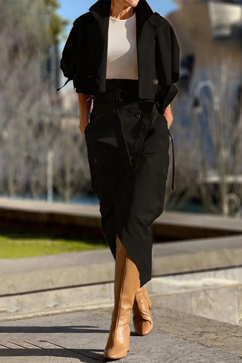 British Style Elegant Solid Pocket Buttons Turndown Collar Long Sleeve Two Pieces - Kaedas