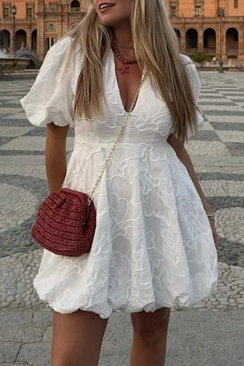 Casual Daily Solid Color Texture V Neck A Line Short Sleeve Dress - Kaedas