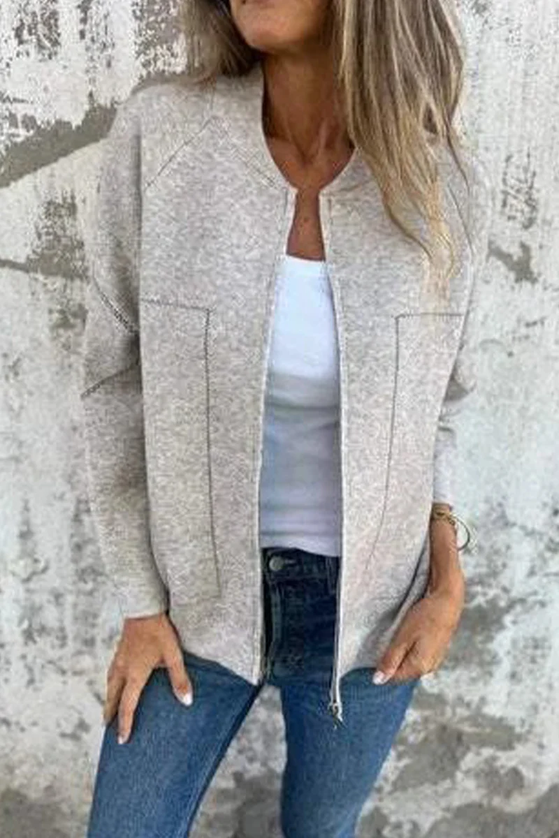 Casual Daily Solid Color Pocket Patchwork Zipper O Neck Outerwear(8 Colors) - Kaedas