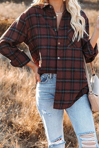 Casual Plaid Pocket Buckle Turndown Collar Tops - Kaedas