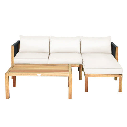 3 Pieces Patio Acacia Wood Sofa Furniture Set With Nylon Rope Armrest-White - Kaedas