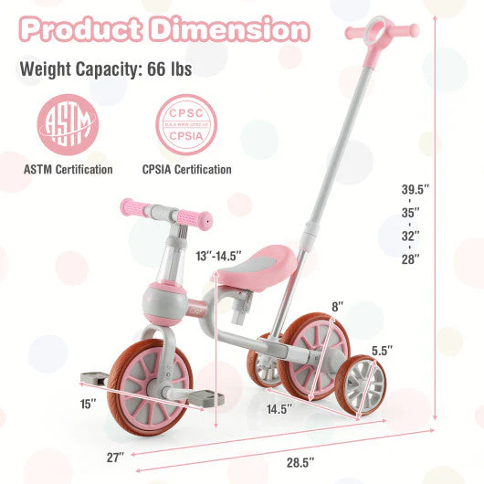 4-in-1 Kids Trike Bike With Adjustable Parent Push Handle and Seat Height-Pink - Kaedas